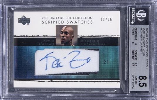 2003-04 UD "Exquisite Collection" Scripted Swatches #KG Kevin Garnett Signed Patch Card (#13/25) - BGS NM-MT+ 8.5/BGS 10 